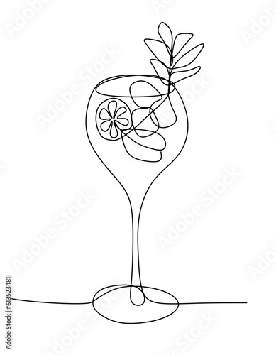 Mohito one line Vector drawing. Continuous line Drink with lime and Ice cubes isolated Illustration. Hand drawn icon for design art, t-shirt printing, bar or restaurant label, postcard, party poster. 