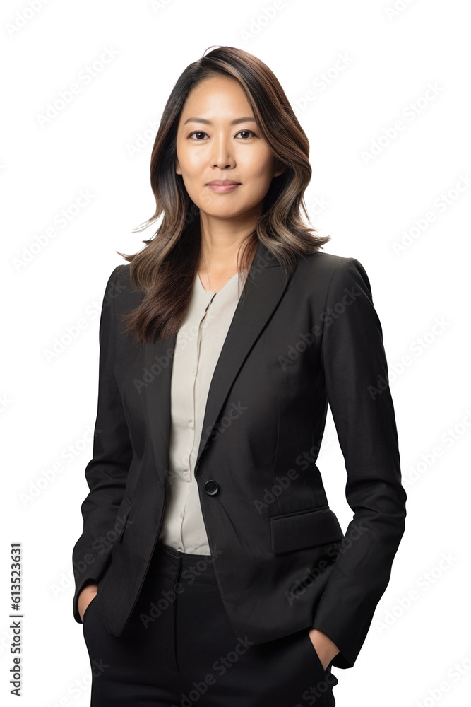 Portrait of successful young Asian businesswoman. Isolated on transparent white background. Generative AI Portrait of successful young Asian businesswoman. Isolated on transparent white background. Generative AI