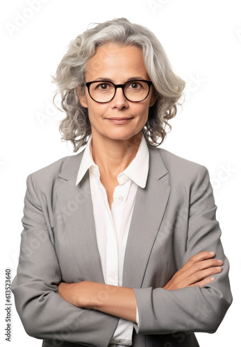 Portrait of middle-aged businesswoman leader in glasses. Isolated on transparent white background. Generative AI