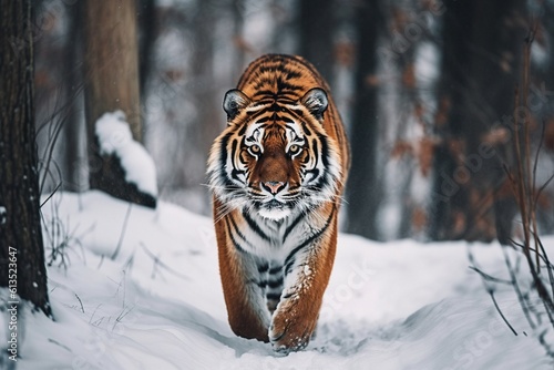 Orange Tiger Walking in Snowy Forest Captured in Black and White - AI Generative