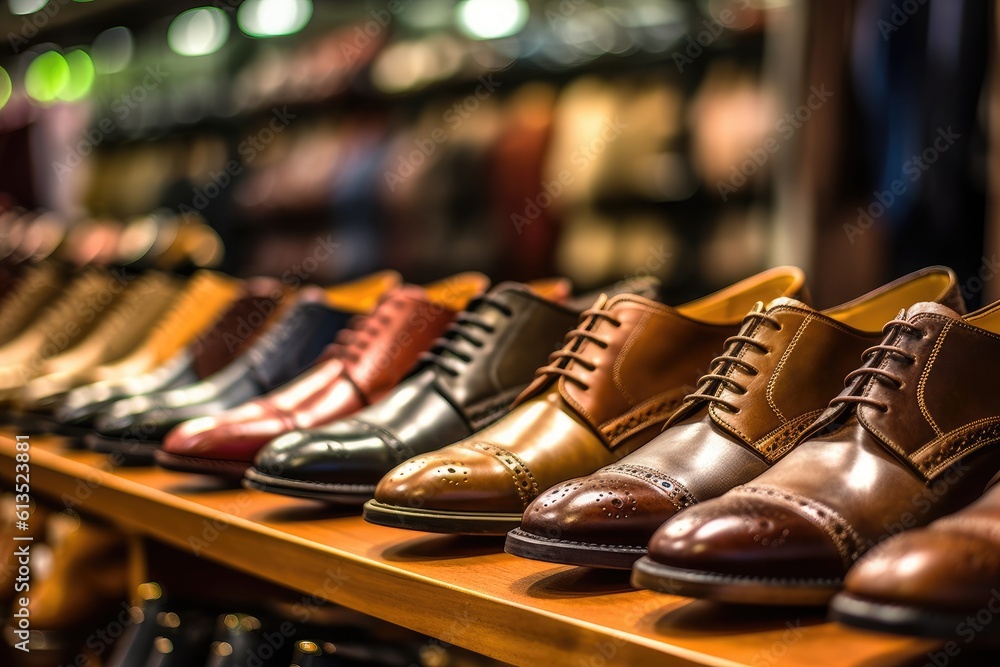 A close - up shot of a rack of shoes in a high - end shoe store. Generative AI A close - up shot of a rack of shoes in a high - end shoe store. Generative AI