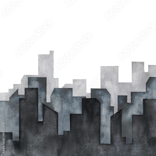 Buildings silhouette watercolor isolated background.Silhouette downtown scene illustration.