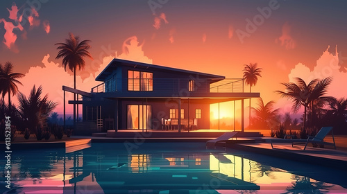 3d rendering of modern cozy house with pool. Generative Ai © hassanmim2021