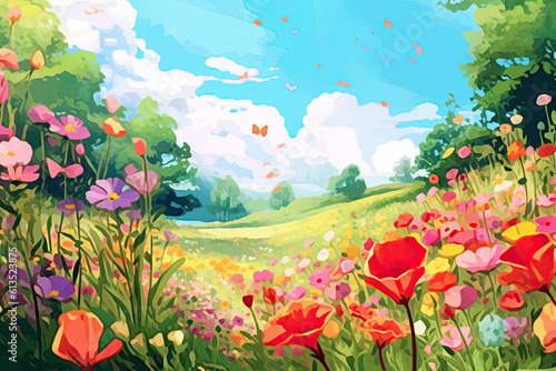 Flowers in a meadow in spring Illustration . Generative AI.