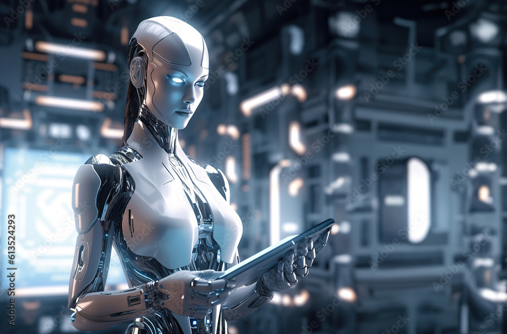 Futuristic photo of woman robot using tablet. Smart industry control concept. Modern robot with woman face standing and using tablet. AI generated