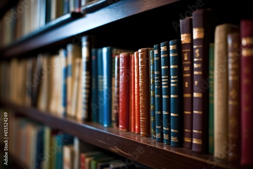 A shot of a row of neatly arranged library books on a shelf.  Generative AI