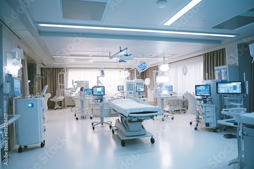 A wide - angle shot of a hospital room interior, focusing on the modern medical equipment and technology. Generative AI