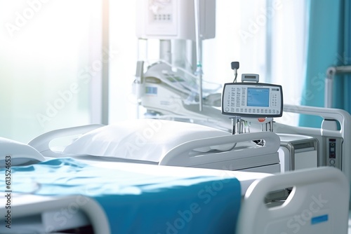 A close - up shot of a hospital bed with crisp  white bed sheets and neatly arranged medical equipment. Generative AI