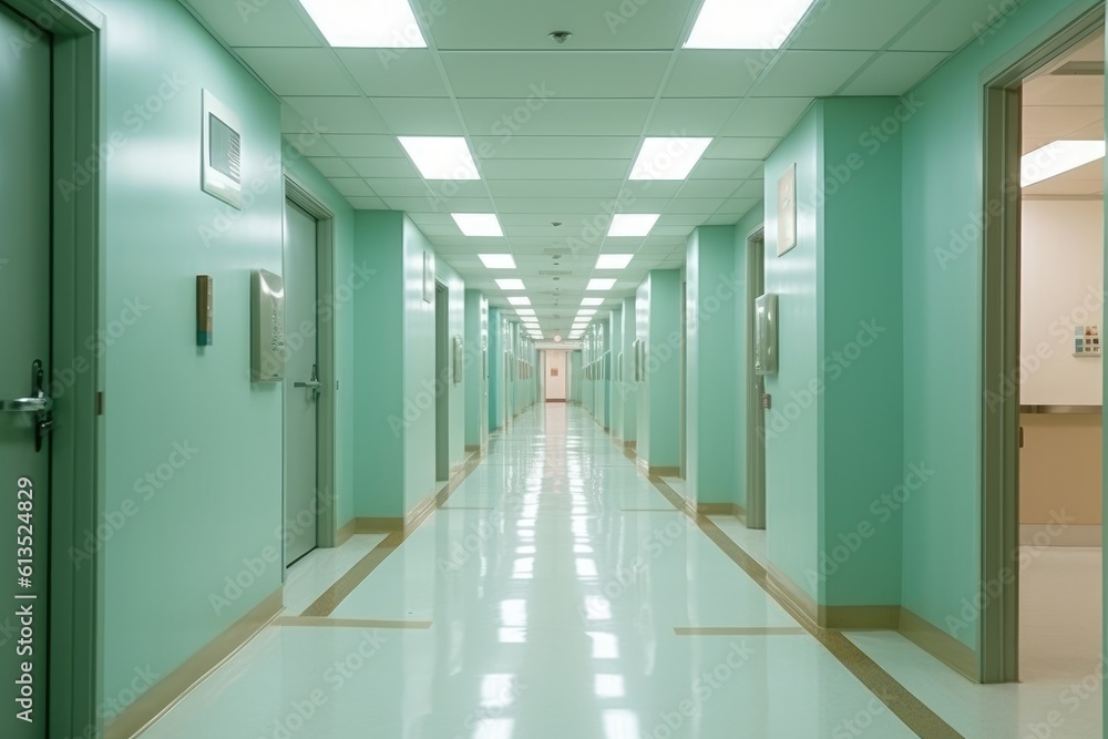An overhead shot of a hospital hallway with closed doors on either side. Generative AI