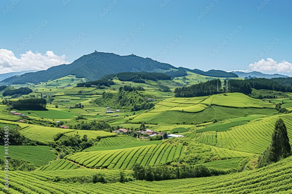 Picturesque Summer Landscape of the ChÃ¡ da Gorreana Tea Plantation in SÃ£o Miguel, Azores, Portugal. Generative AI