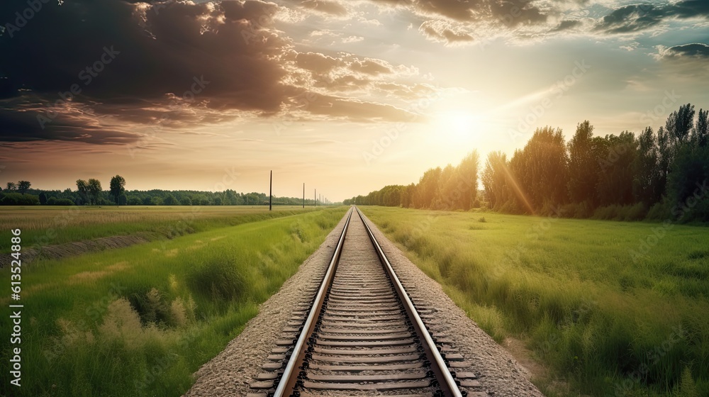 Railroad Tracks Through Scenic Nature at Sunset: A Train Travel Concept Background: Generative AI