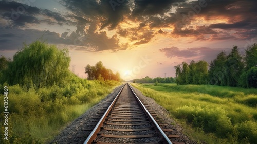 Railroad Through Glorious Nature Under a Cloudy Sky at Sunset - Travel and Transportation Concept. Generative AI