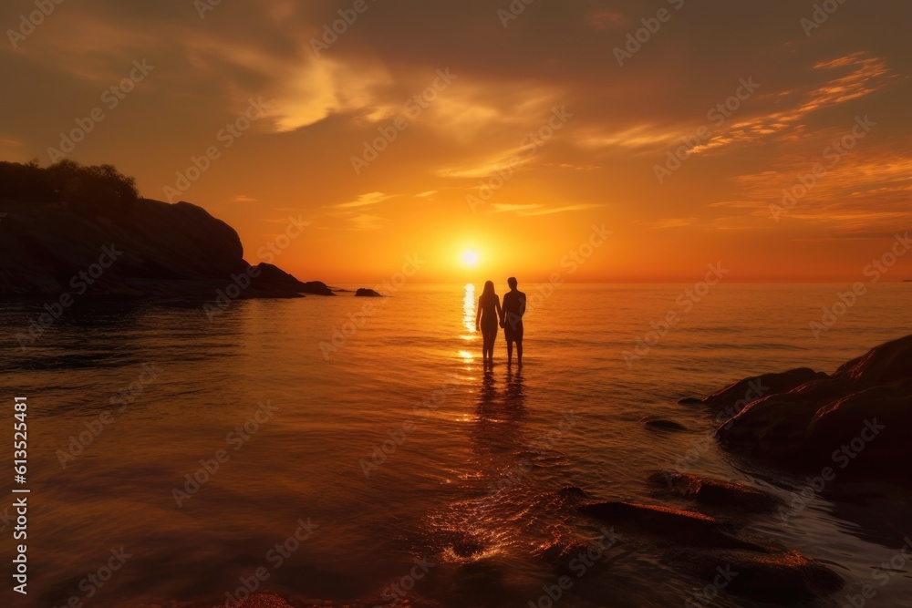 two silhouetted figures standing in water during a vibrant sunset