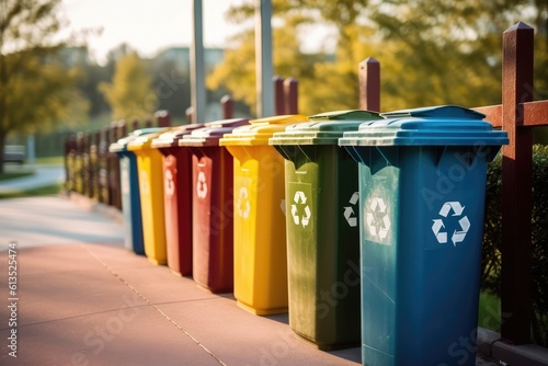 Fotografia A shot of a row of recycling bins in a well - maintained city park