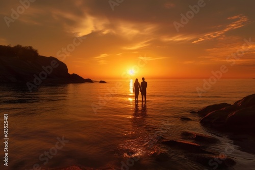 two silhouetted figures standing in water during a vibrant sunset © Virginie Verglas