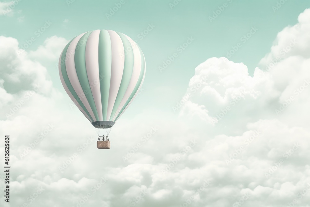 Naklejka premium Illustration of a colorful hot air balloon soaring through a cloudy sky, Generative AI