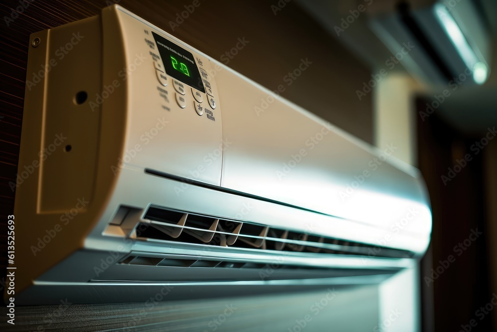 An image of a modern air conditioning unit installed on a wall. Generative AI An image of a modern air conditioning unit installed on a wall. Generative AI