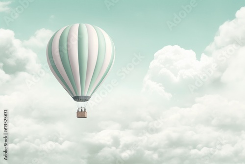 Illustration of a colorful hot air balloon soaring through a cloudy sky, Generative AI