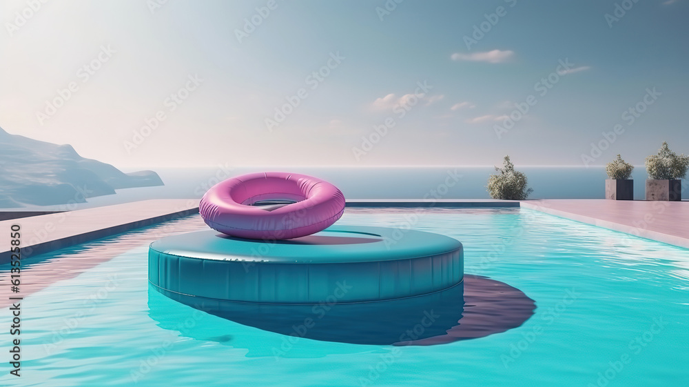 3D-Illustration. modern luxury infinity pool with summer accessoires. Generative Ai