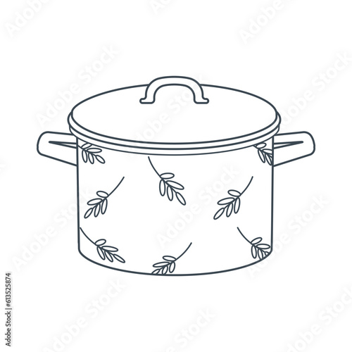Dishes. A pot with a lid and a floral ornament. Line art.