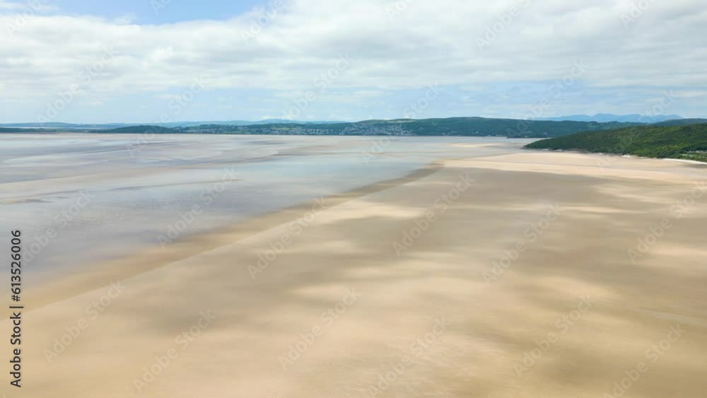 Aerial drone video of the large beach at Morecambe Bay England Aerial drone video of the large beach at Morecambe Bay England