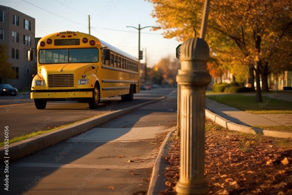 Obraz premium A wide - angle shot of a school bus stop sign with an empty sidewalk in the background. Generative AI