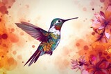 Illustration of a beautiful bird hummingbird in flight among the flowers. Generative AI