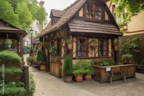 Facade of a wooden European building for a cafe or restaurant. Generative AI © Iryna