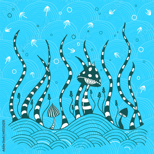 Hand-drawn poster with underwater magic mushrooms vector illustration