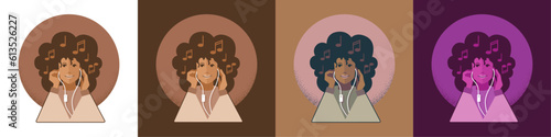 Woman listens to music. Headphones. Notes in the hair. vectors.