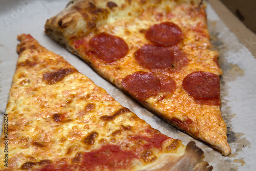 Photography new york city style pizza slice (pepperoni, plain slice) nyc pizzeria with crush