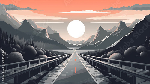 Aesthetic Lo-Fi highway between mountains. All-grey color palette. Lovcore art. Illustration