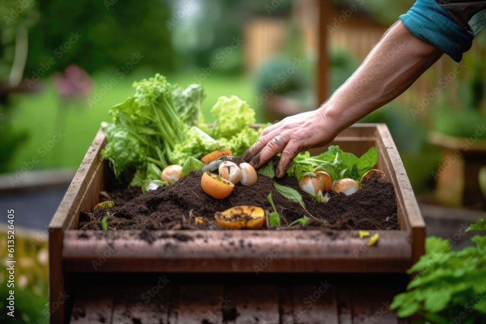 Close - up shot of a person using a compost bin to dispose of organic waste. Generative AI Close - up shot of a person using a compost bin to dispose of organic waste. Generative AI
