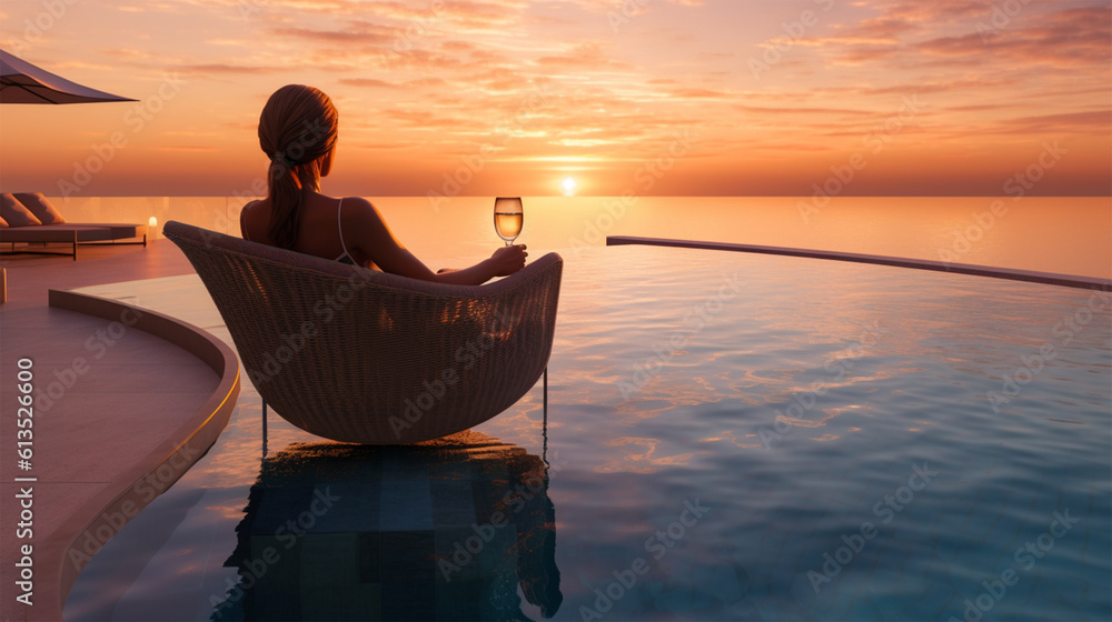 Woman watching the sunset with a cocktail in an infinity pool ...