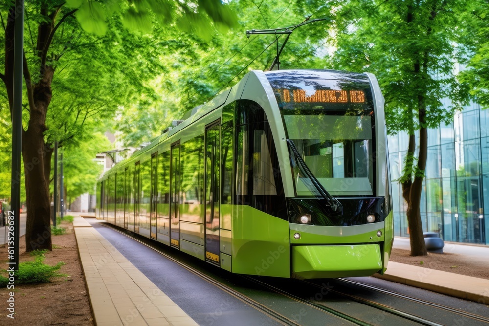 Low - angle shot of a modern electric tram passing by, showcasing the eco - friendly nature of public transportation. Generative AI - obrazy, fototapety, plakaty 