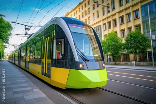 Low - angle shot of a modern electric tram passing by, showcasing the eco - friendly nature of public transportation. Generative AI