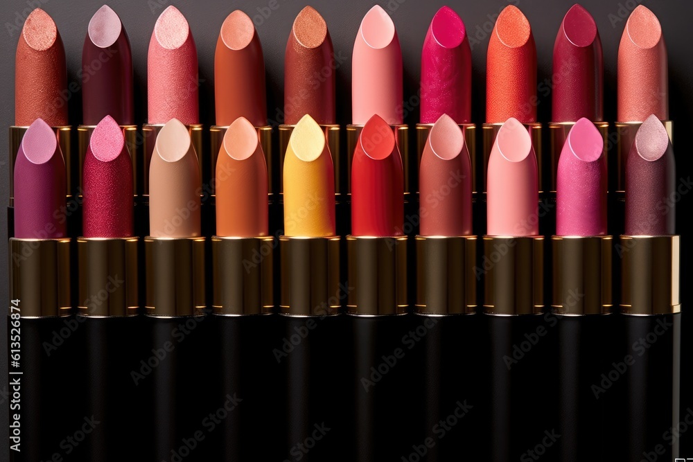 Obraz premium Still life shot of a collection of different lipstick shades arranged in a gradient pattern. Generative AI