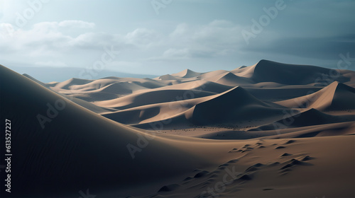 Beautiful sunset over the desert sand dunes. Generative ai