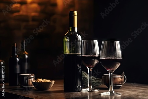 Restaurant background with two wine glasses and a wine bottle on table, copy space