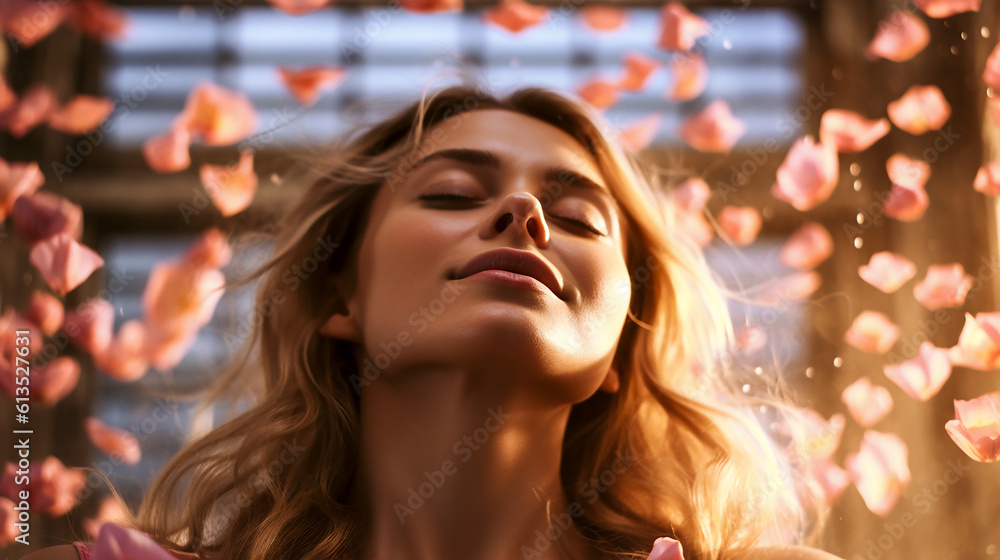 Woman with Flower Petals. Generative AI.
A digital rendering of a modern fantasy scene of a woman with floating flower petals.