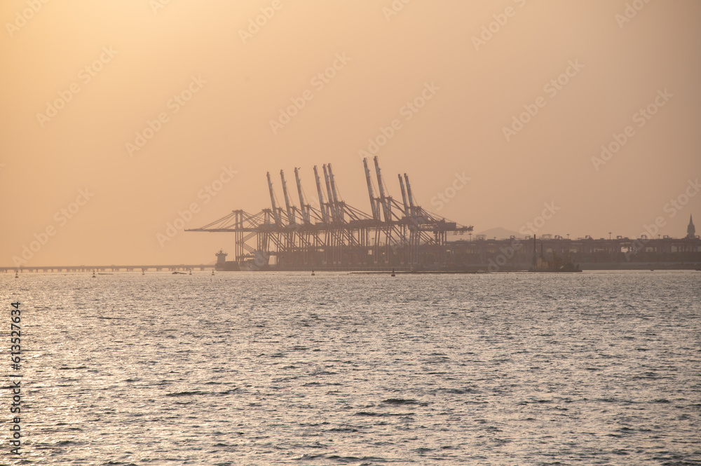 Evening view of container port

