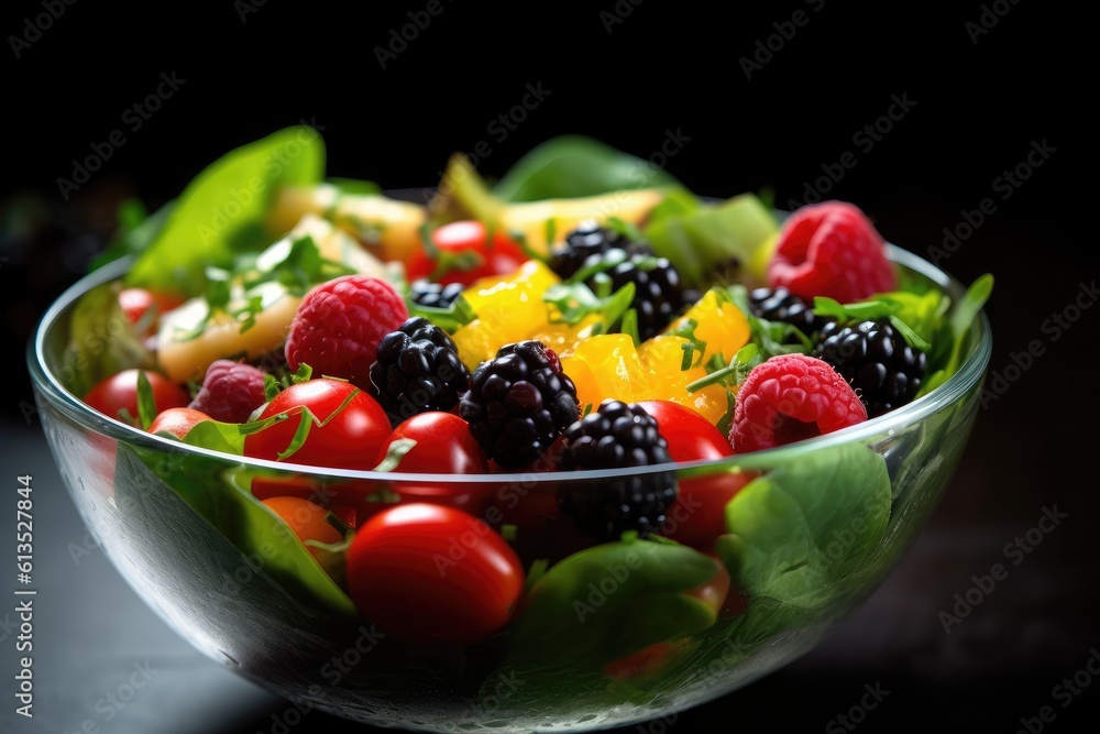 A close - up shot of a colorful salad bowl filled with a variety of fresh vegetables, fruits, and lean proteins. Generative AI A close - up shot of a colorful salad bowl filled with a variety of fresh vegetables, fruits, and lean proteins. Generative AI