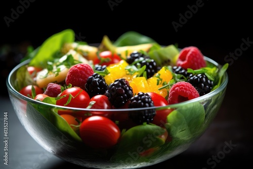 A close - up shot of a colorful salad bowl filled with a variety of fresh vegetables  fruits  and lean proteins. Generative AI