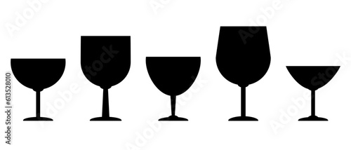 Collection of black glasses of wine or drinks. Glassware graphics set. Illustration of Cups for wedding card designs, invitation cards, toasts, restaurants or celebrations