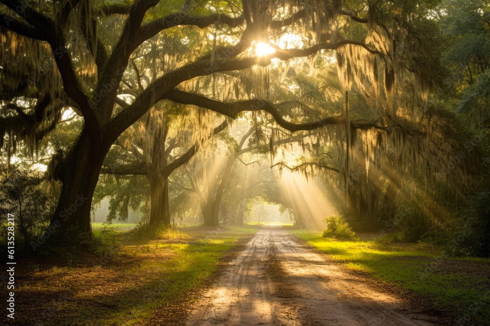 Obraz premium Sunbeams over a dirt path and under spanish moss
