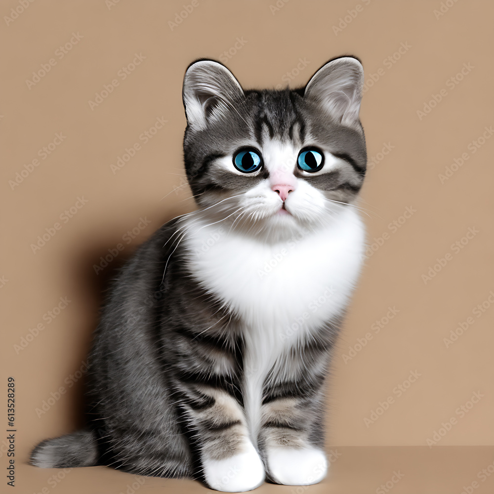 Cute kitten with blue eyes sitting on a beige background.