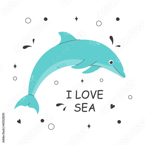 Poster with cute blue dolphin with marine elements on a white background. Children's character with an inscription. Colored flat vector illustration. Concept of saving and protecting sea creatures.