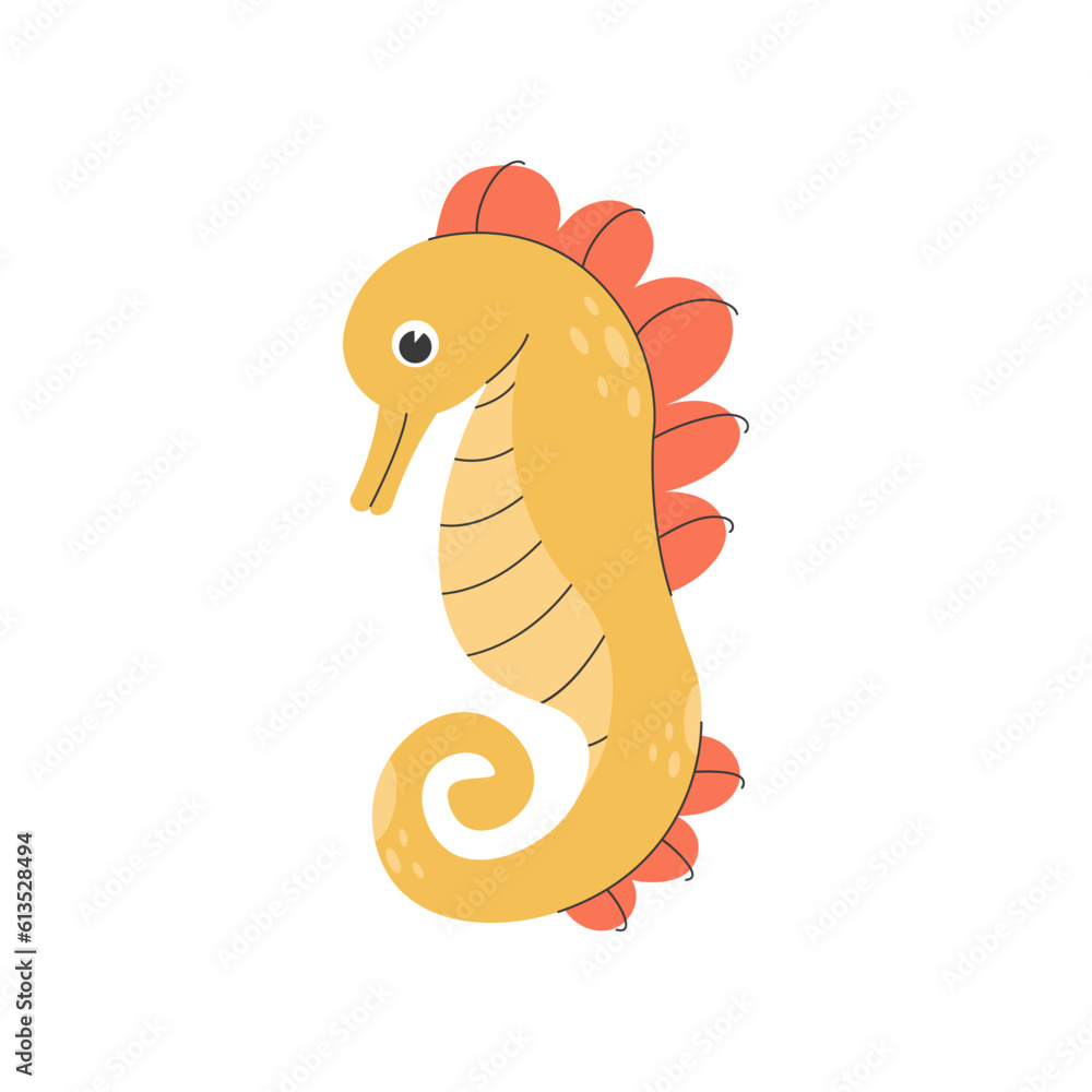 Fototapeta premium Cute funny seahorse isolated on white background. Happy marine animal, sea world dweller, adorable underwater creature. Exotic fauna of tropical ocean. Flat cartoon childish vector illustration.