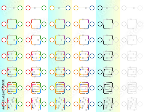 Infographic material for further use. Connectors are created between two circular objects. The situation has several versions in color and with a background.