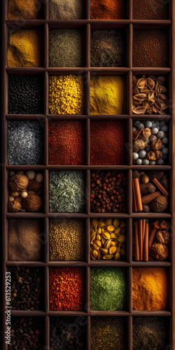 showcase with various spices in wooden compartments, generative ai